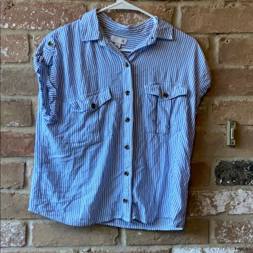 Blue and white striped button down shirt